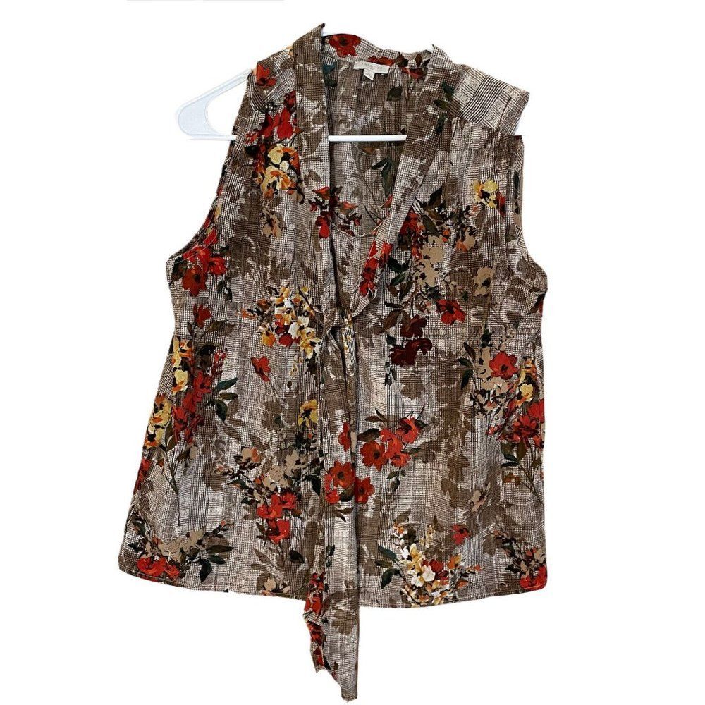 talbots women’s size medium sleeveless blouse necktie Floral Brown